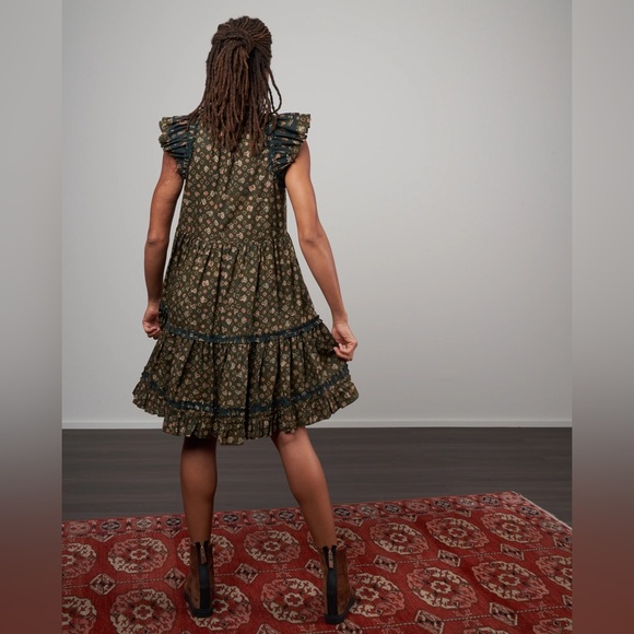 Ulla Johnson joan printed jasper green ruffle trimmed tiered dress with pockets - Picture 2 of 10